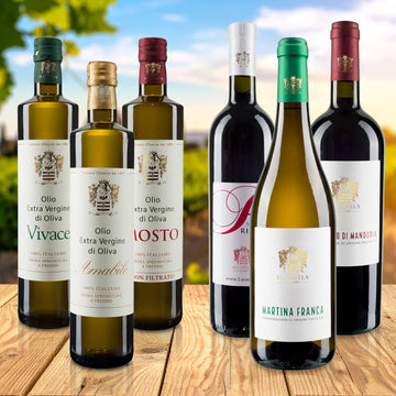 set Olio EVO e Vino Lucarella celebra i sapori autentici della Puglia, combinando due eccellenze del territorio: l'olio extravergine di oliva e il vino, entrambi di altissima qualità.