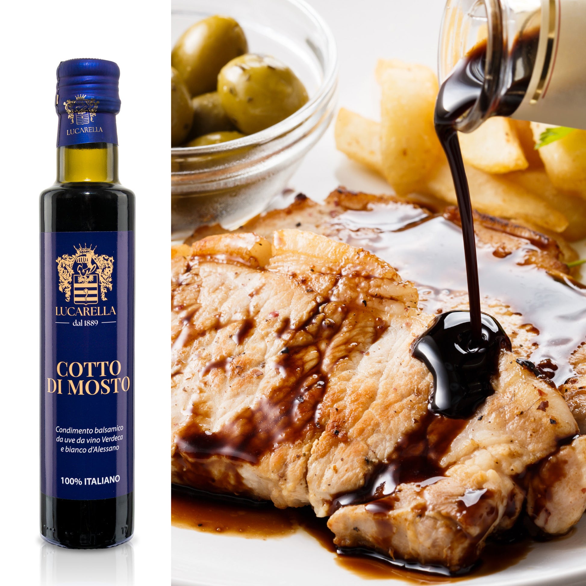 Condimento balsamico cotto di mosto da 250 ml abbinato con della carne