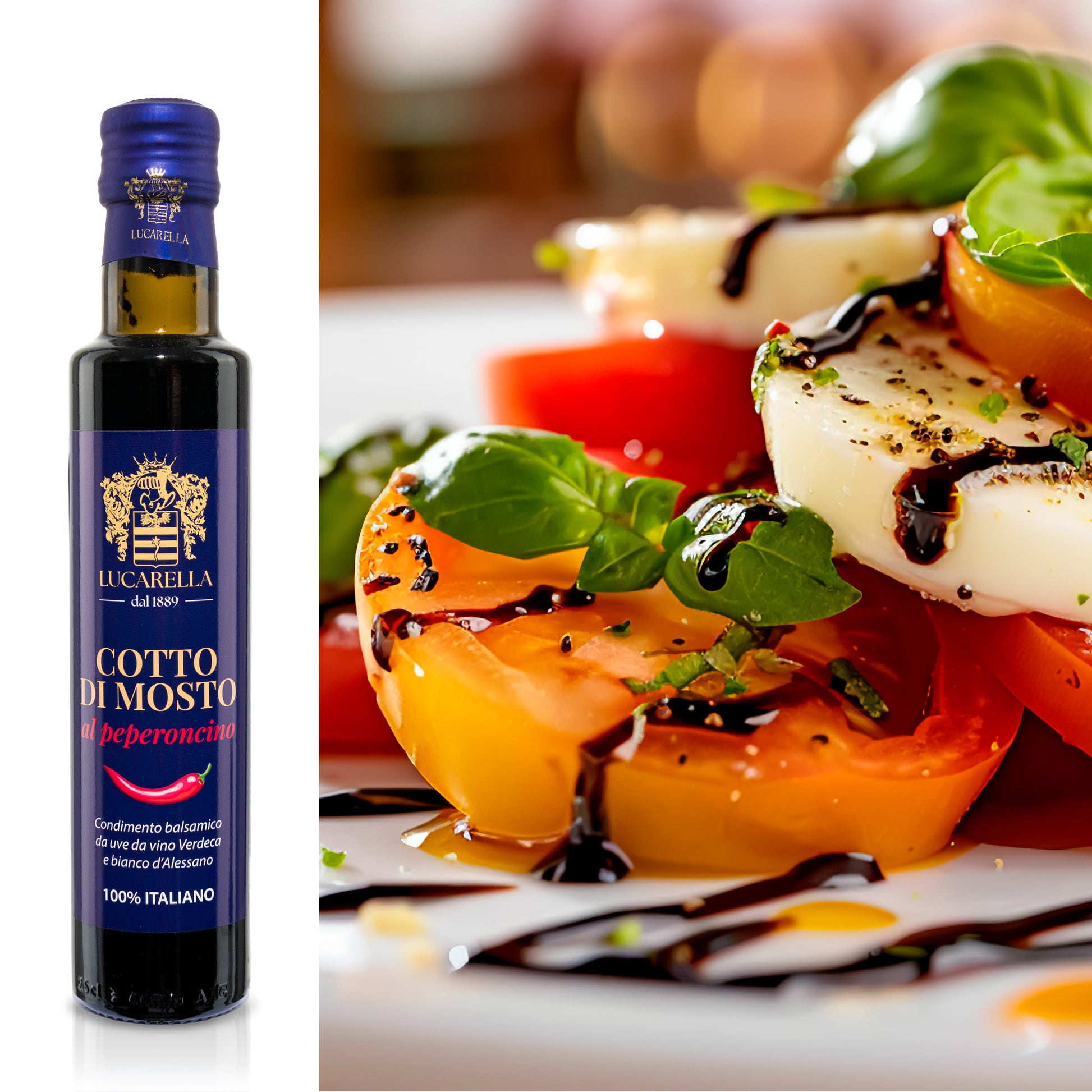 Cotto di mosto al peperoncino da 250 ml, condimento balsamico abbinato con insalata di pomodori e mozzarella