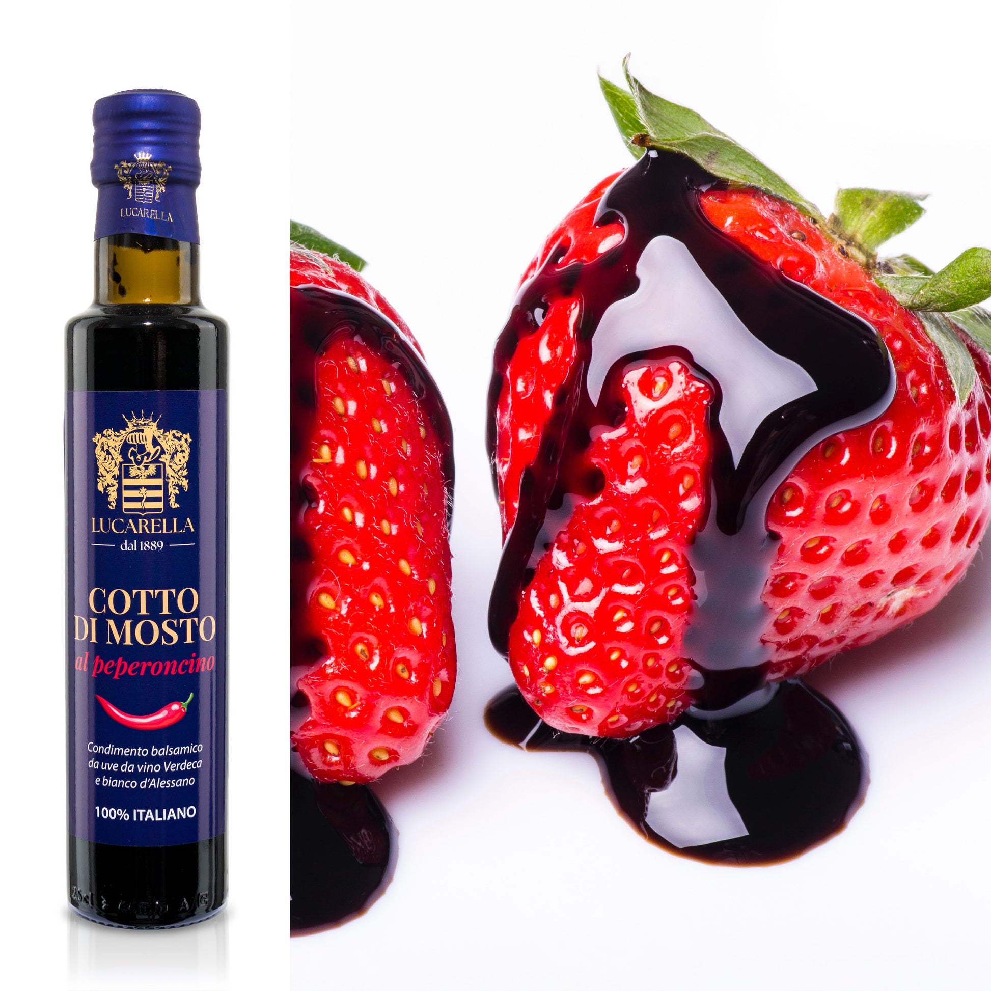 Cotto di mosto al peperoncino da 250 ml, condimento balsamico abbinato con fragole