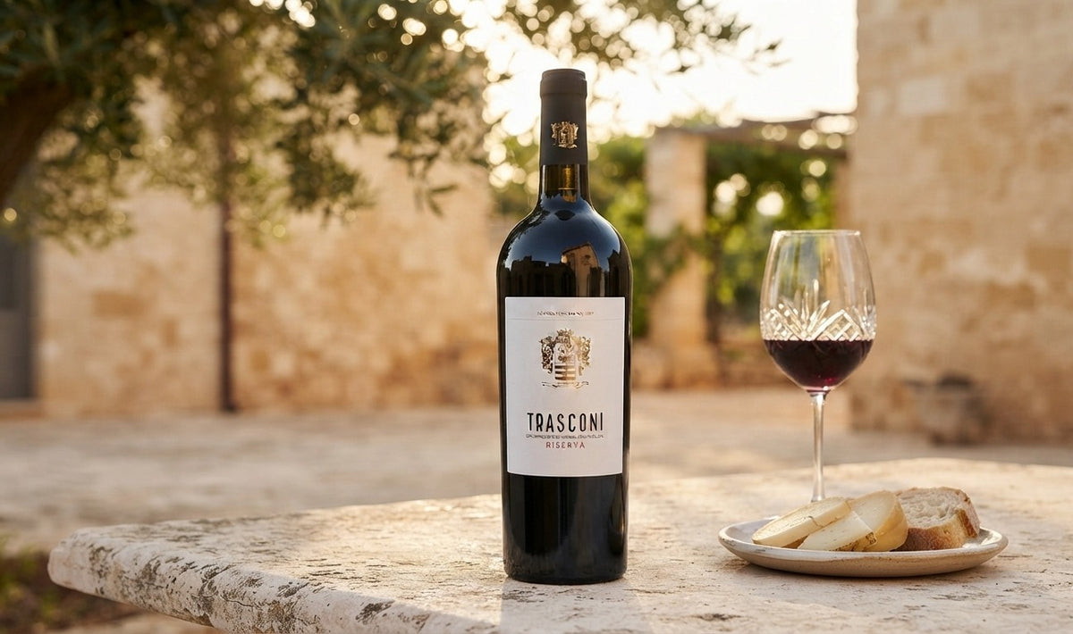 Trasconi Riserva Lucarella con un calice di vino sulla tavola
