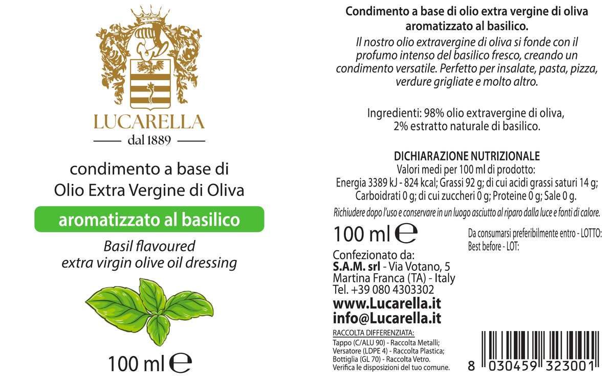 Etichetta originale: Condimento all’olio extravergine di oliva aromatizzato al Basilico 100 ml