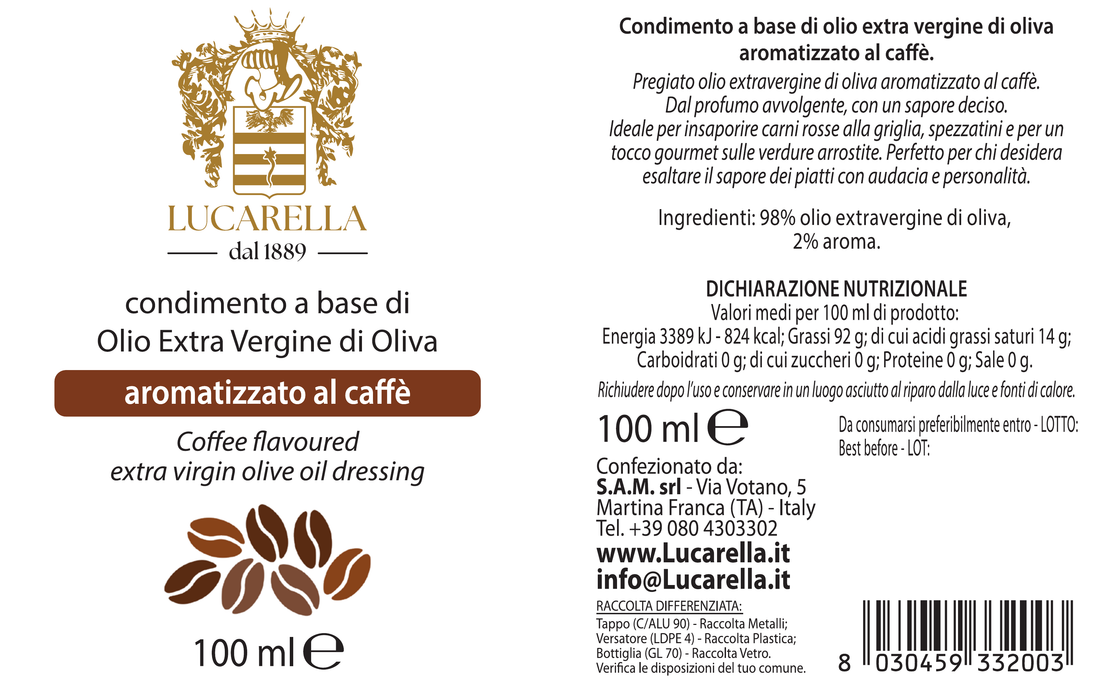 Original label: Lucarella coffee flavoured extra virgin olive oil dressing, 100 ml