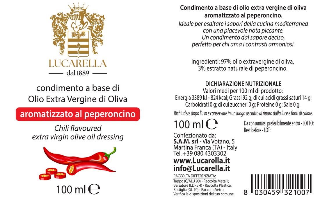 Condimento Olio Extra Vergine di oliva aromatizzato al peperoncino