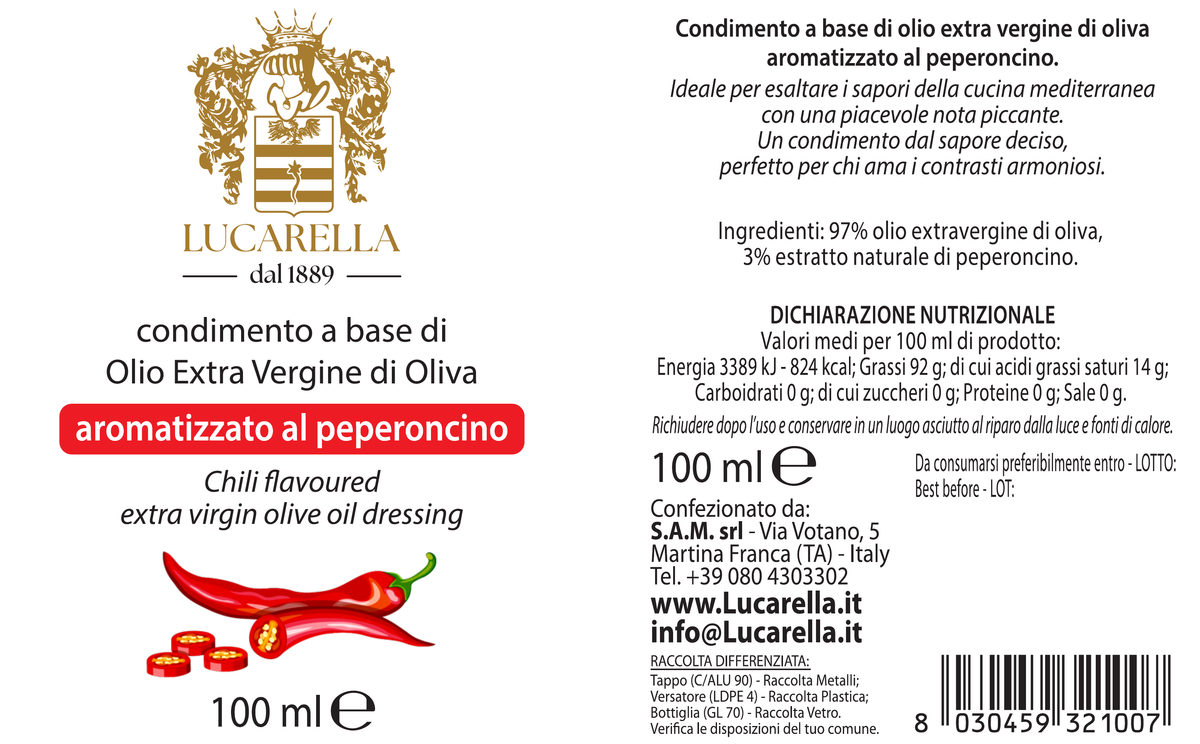 Original label: Lucarella chilli flavoured extra virgin olive oil dressing, 100 ml