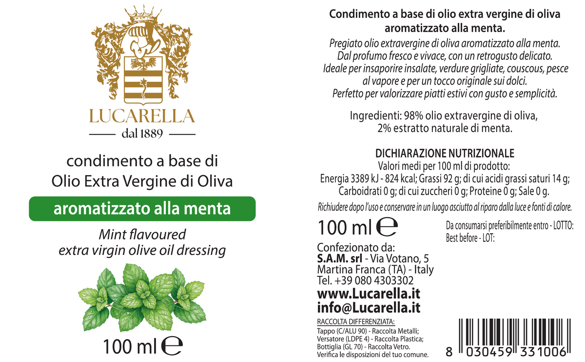 Original label: Lucarella mint flavoured extra virgin olive oil dressing, 100 ml
