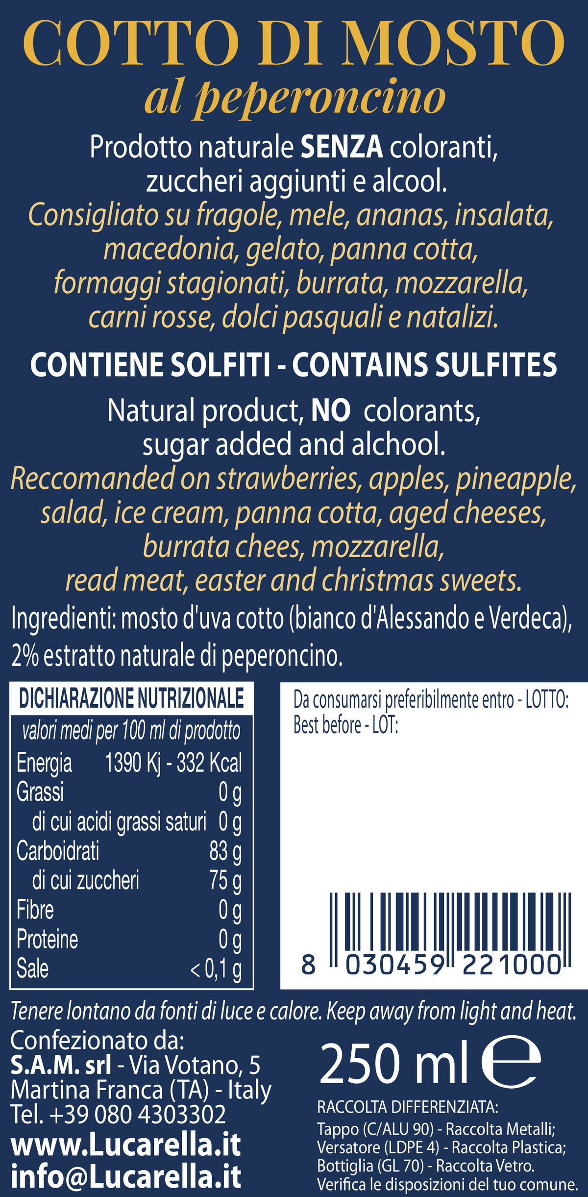 Etichetta originale: Cotto di Mosto 250 ml al peperoncino