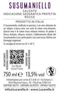 Original back label: Lucarella Susumaniello rosso IGP Salento, 750 ml