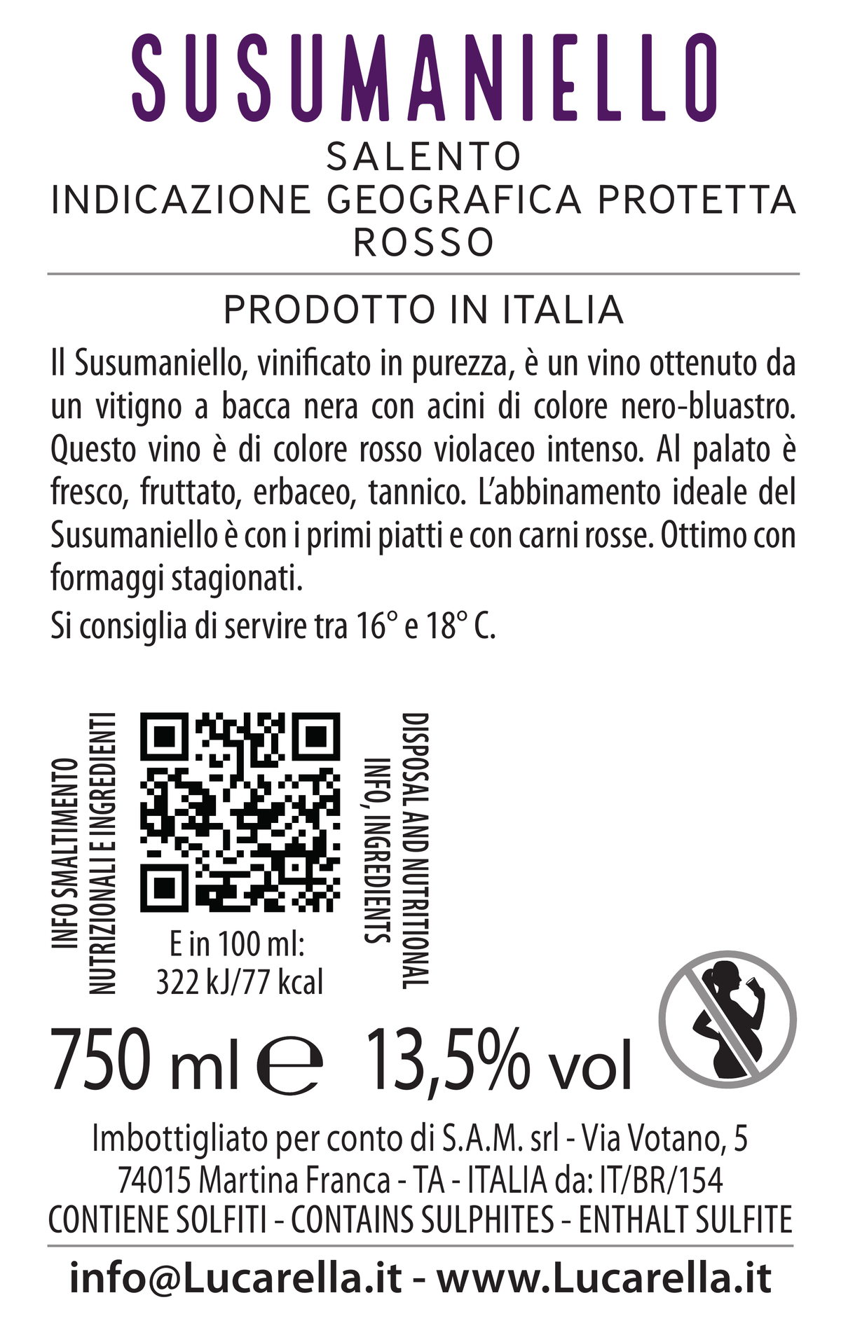 Original back label: Lucarella Susumaniello rosso IGP Salento, 750 ml